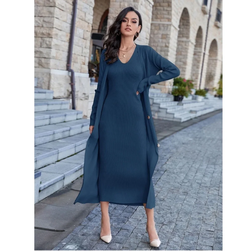 2 Piece Set: Knit Midi Pencil Dress and Long Cardigan Button Through - Picture 7 of 12
